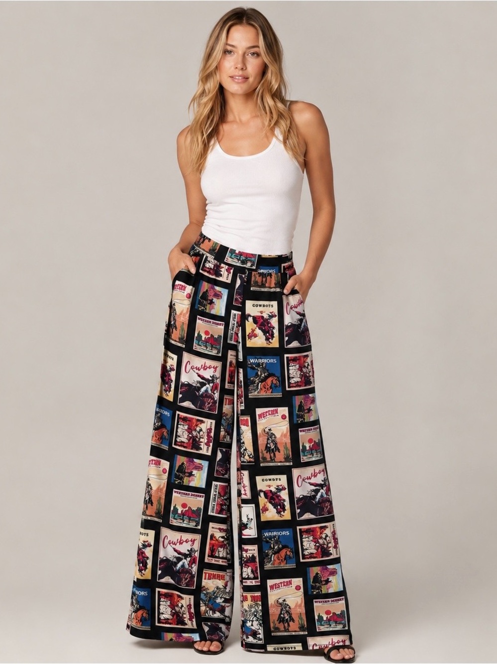 Nylon Apparel Cowboy Western Inspired Wide-Leg  Stamp Poster Print Pants